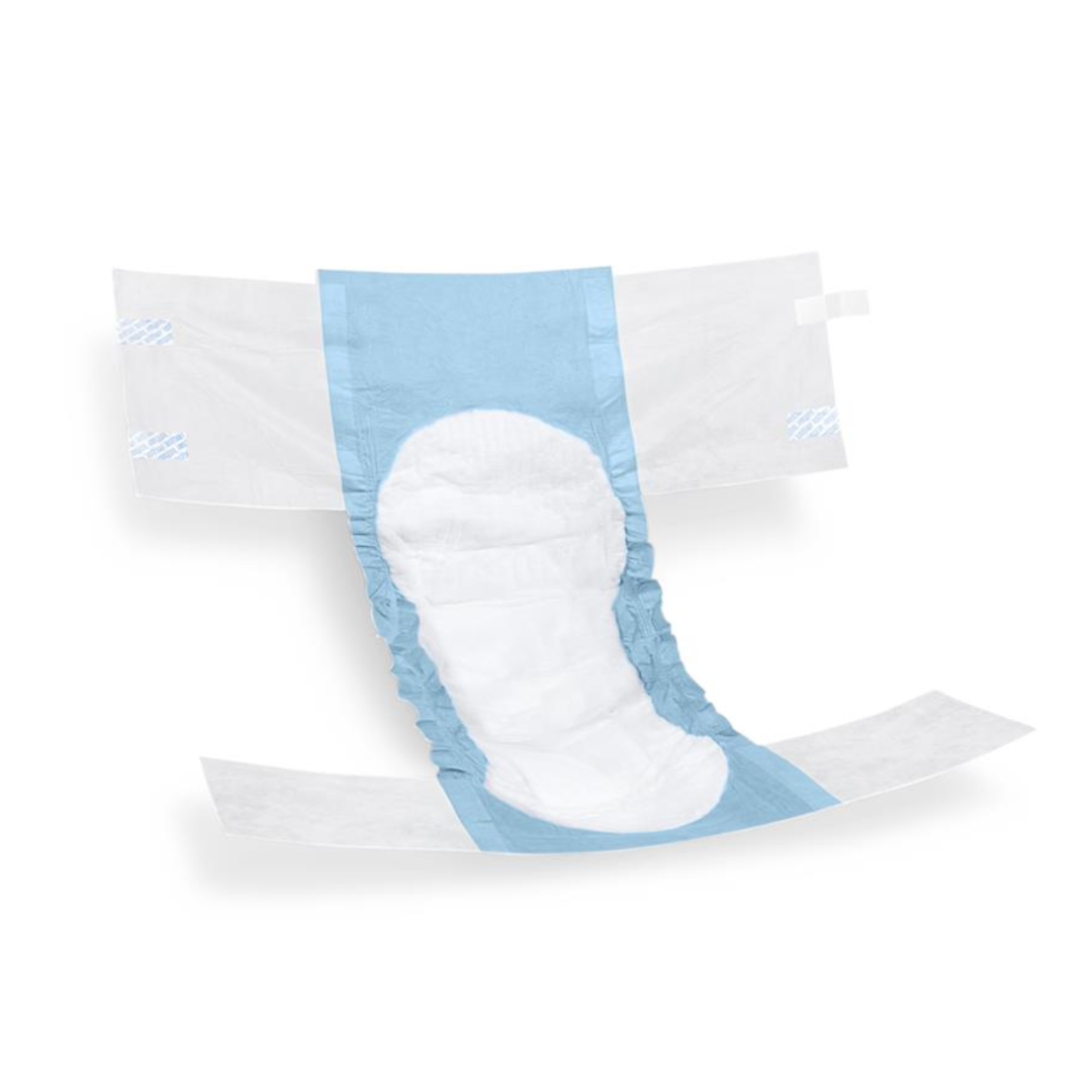 The FitRight Unisex Essential Incontinence Briefs, in blue and white, are shown flat and unfolded with absorbent padding, adjustable side tabs, protective layers, elasticized edges, and odor control features for moderate absorbency.
